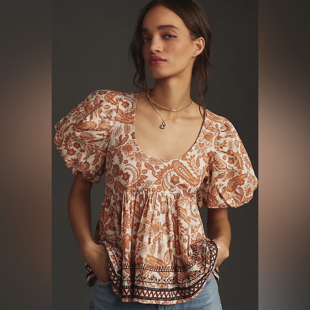Anthropologie Orange and Cream Paisley Blouse